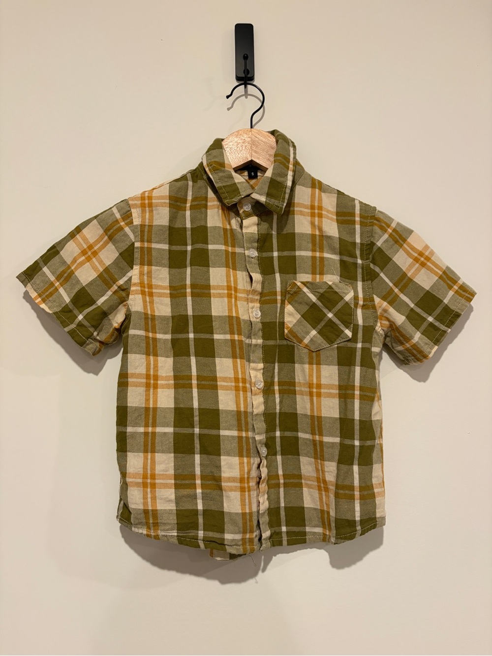 Spring&Gege Size S Green Yellow Plaid Short Sleeve Cotton Button Down Shirt Kids